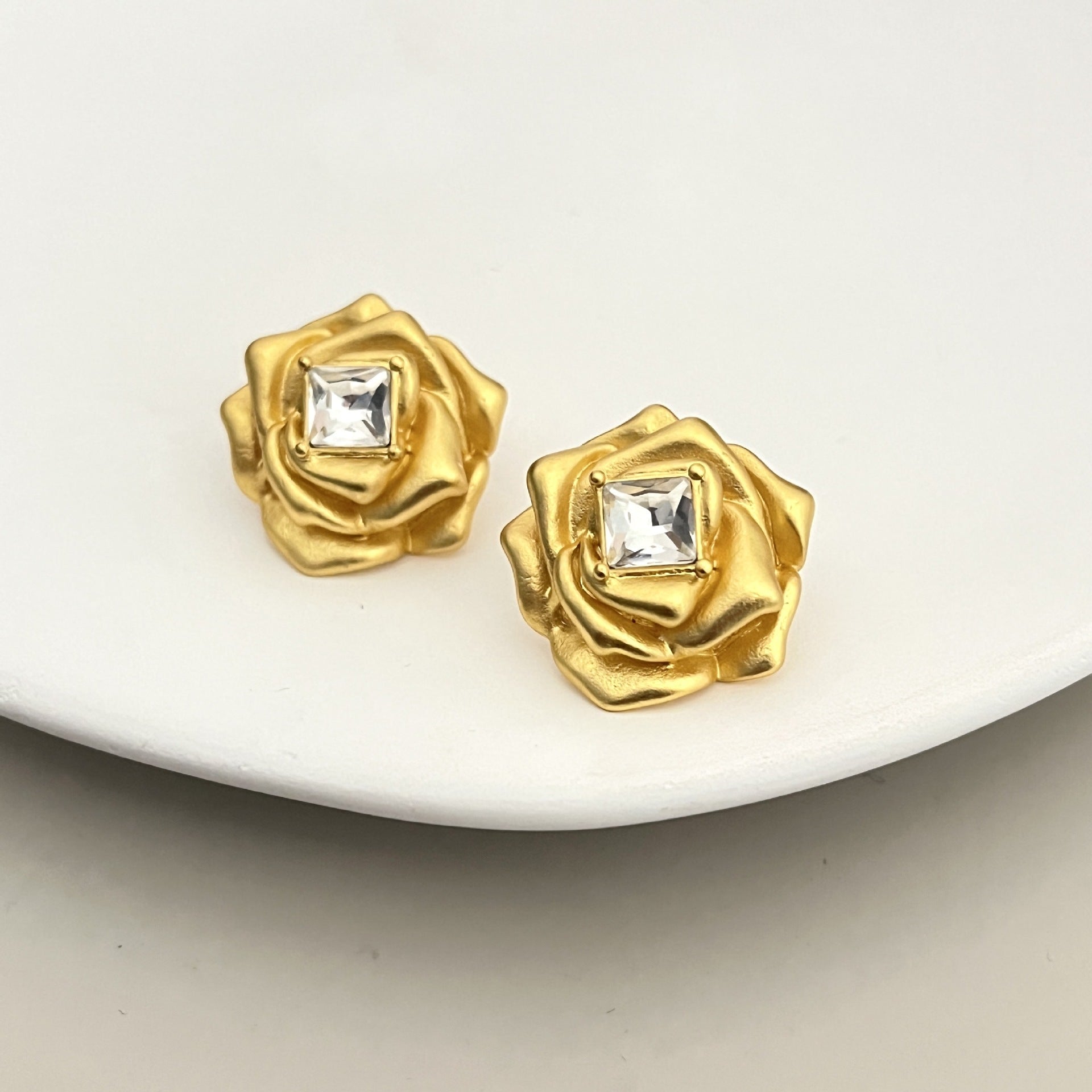 Gold Three-dimensional Camellia Flower Diamond Stud Earrings