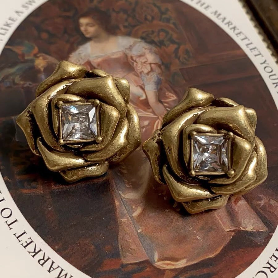 Gold Three-dimensional Camellia Flower Diamond Stud Earrings
