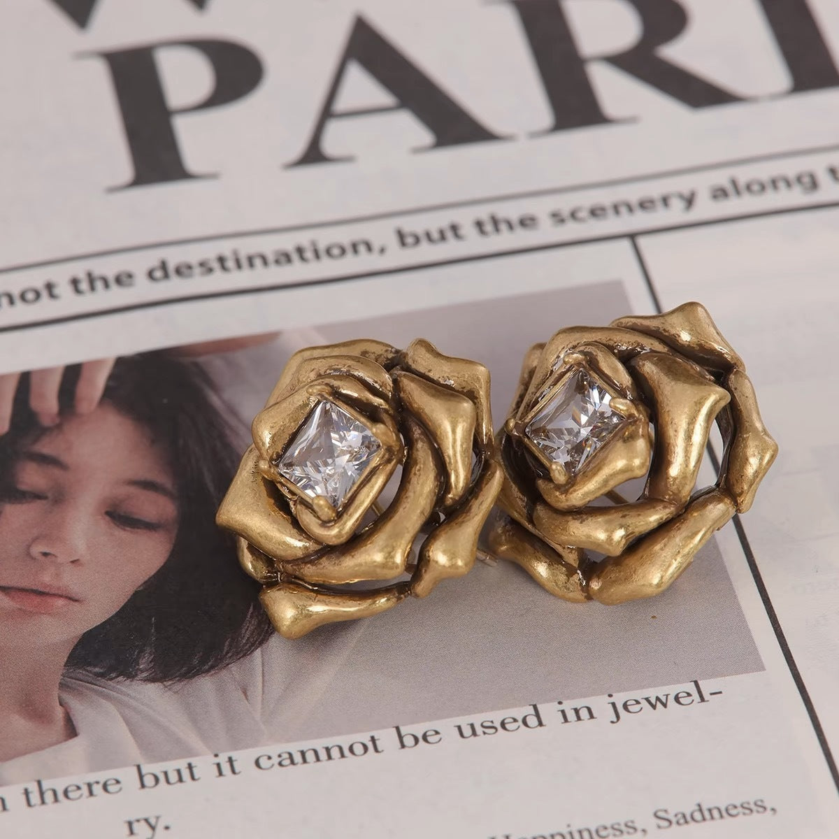 Gold Three-dimensional Camellia Flower Diamond Stud Earrings