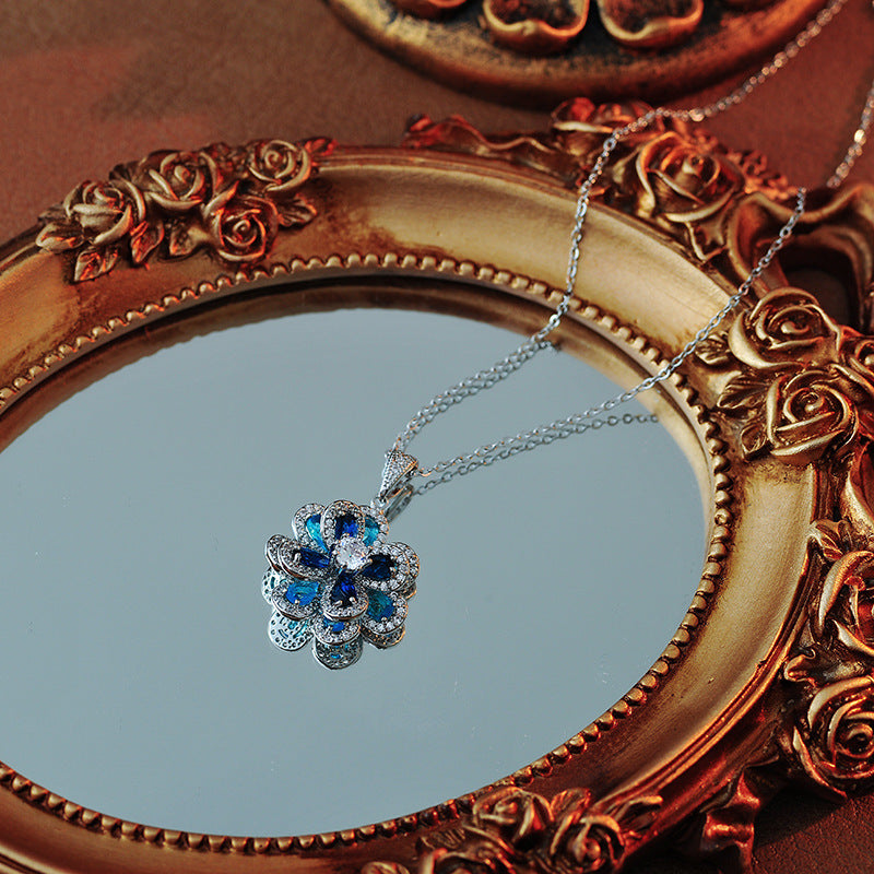 European And American Elegant Colorful Blue Zircon Flower Necklace