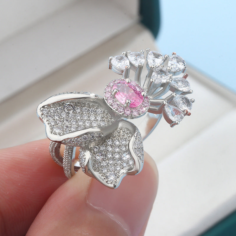 Super Shiny Cherry Blossom Powder Zirconium Female Ring