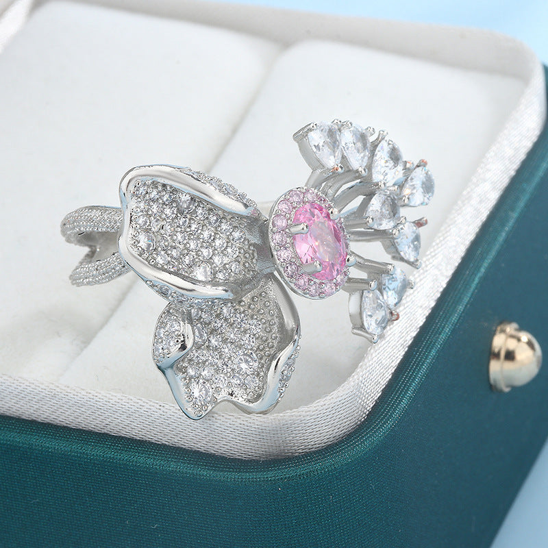 Super Shiny Cherry Blossom Powder Zirconium Female Ring
