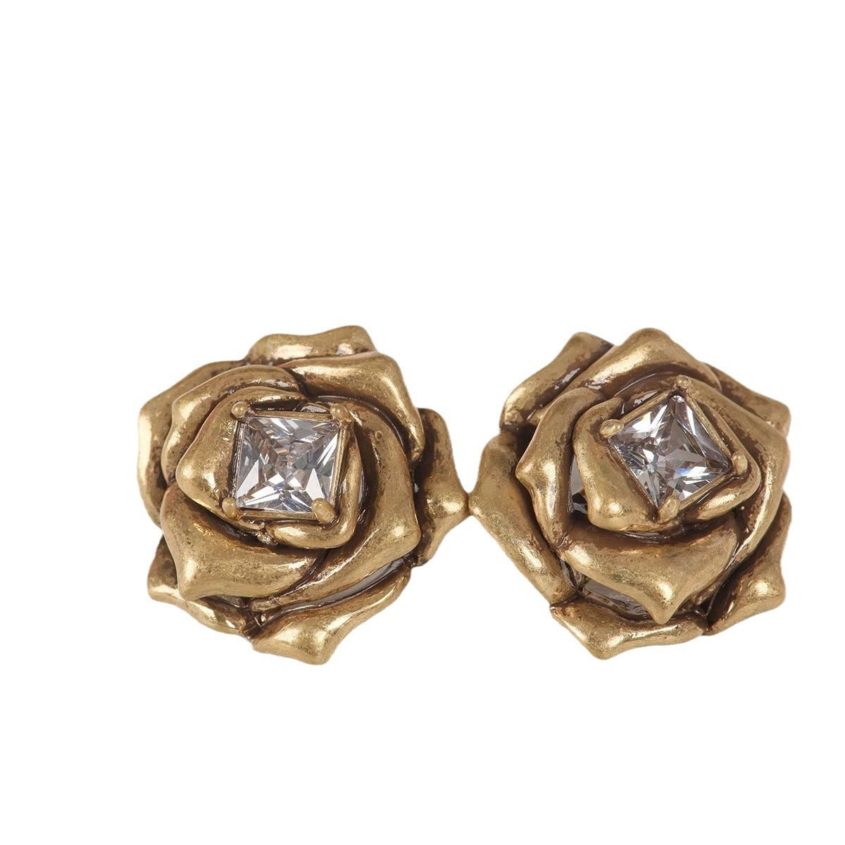 Gold Three-dimensional Camellia Flower Diamond Stud Earrings