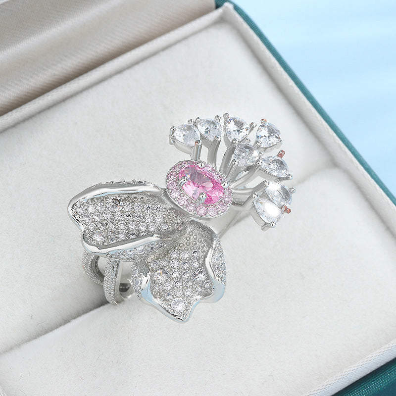 Super Shiny Cherry Blossom Powder Zirconium Female Ring