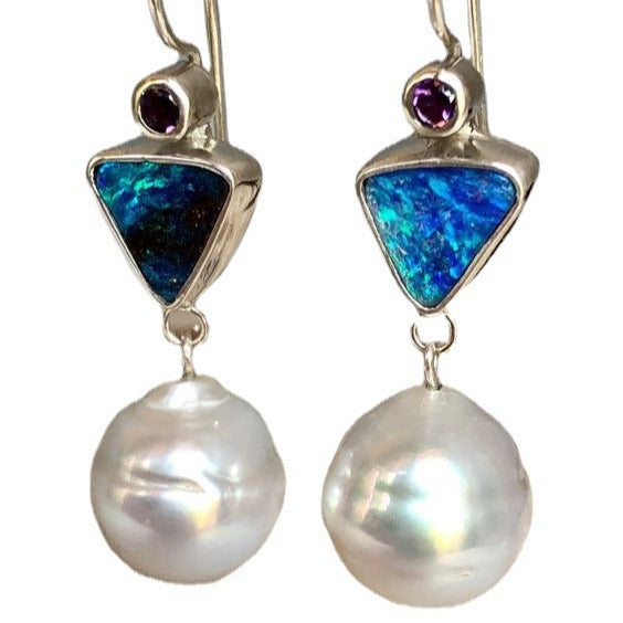 Artistic Vintage Court Style Purple Cuckoo Felsenmeer Blue Opal Pearl Earrings
