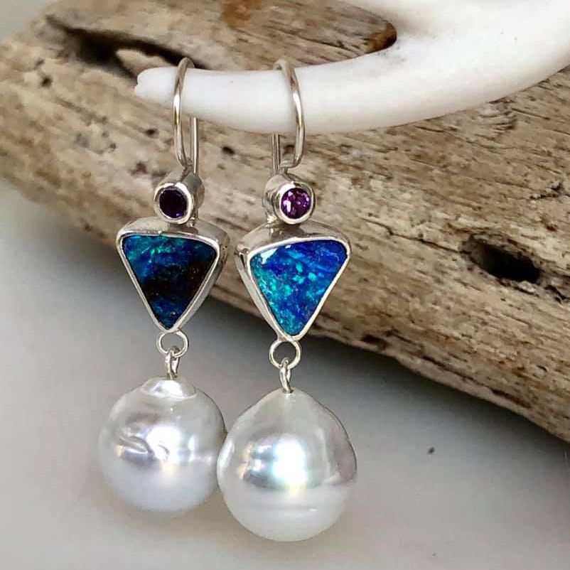 Artistic Vintage Court Style Purple Cuckoo Felsenmeer Blue Opal Pearl Earrings