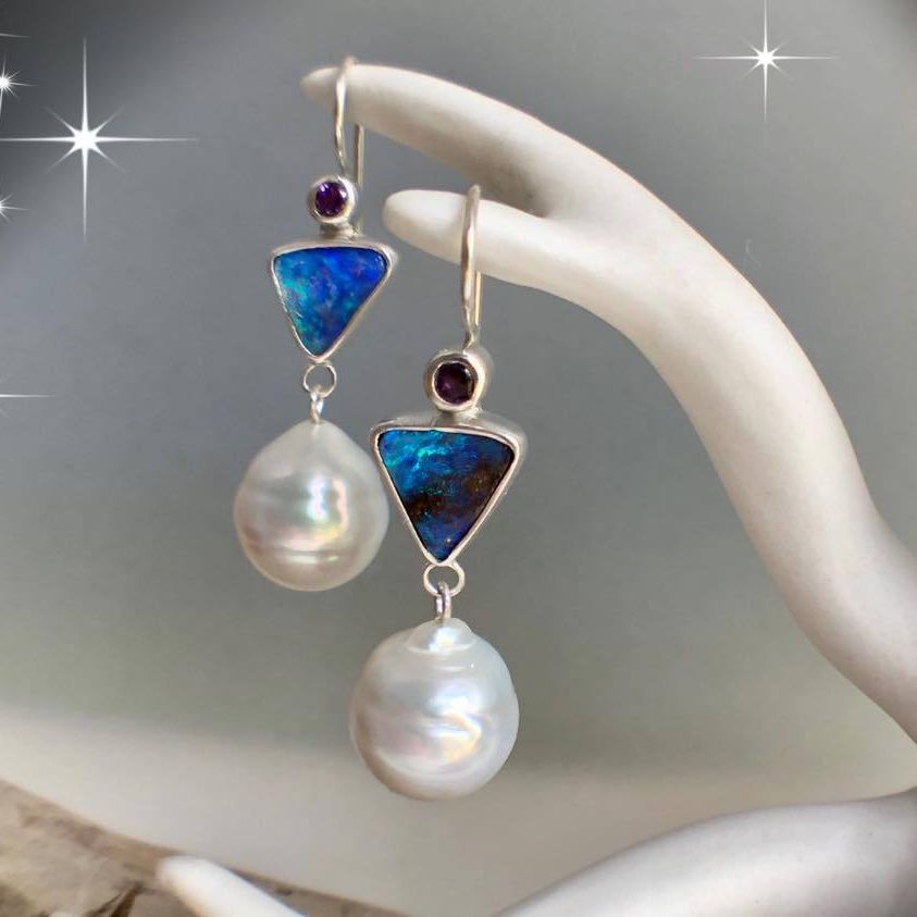 Artistic Vintage Court Style Purple Cuckoo Felsenmeer Blue Opal Pearl Earrings