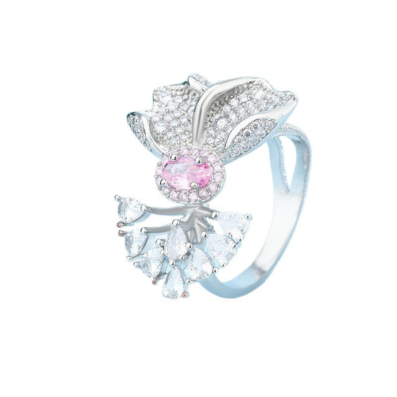 Super Shiny Cherry Blossom Powder Zirconium Female Ring