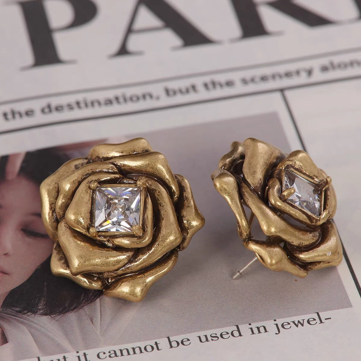 Gold Three-dimensional Camellia Flower Diamond Stud Earrings